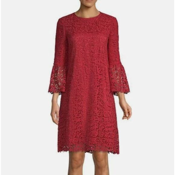Lafayette 148 Sidra Lace 3/4 Bell Sleeve Shift Dress Red SMALL Lined Above Knee - Picture 1 of 7